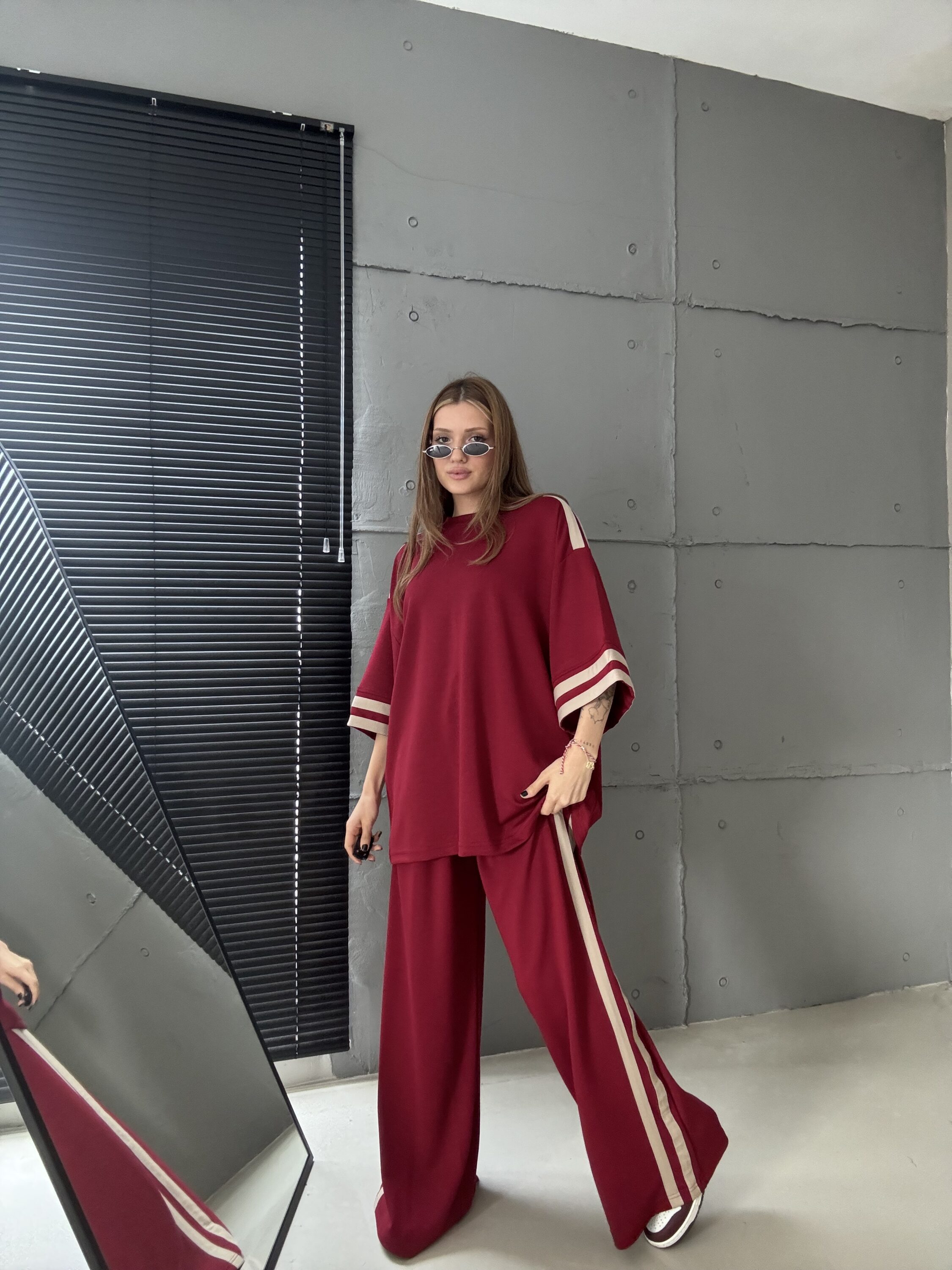 Şerit Detaylı Modal Kumaş 2'li Takım Bordo - Görsel 3