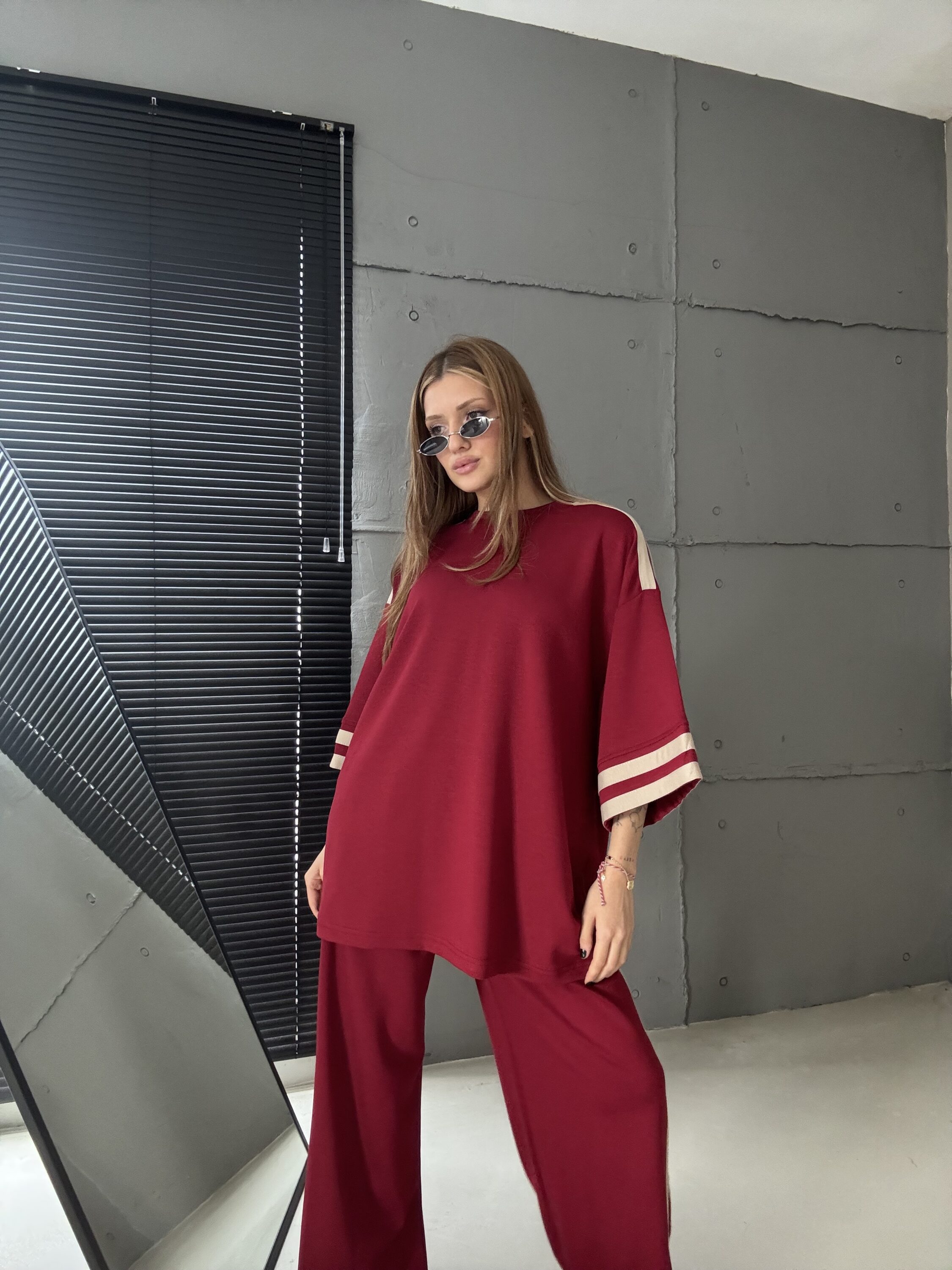 Şerit Detaylı Modal Kumaş 2'li Takım Bordo - Görsel 1